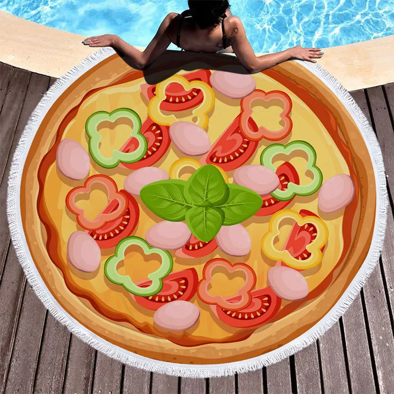 Летнее круглое пляжное полотенце с рисунком пиццы и кисточками пляжные