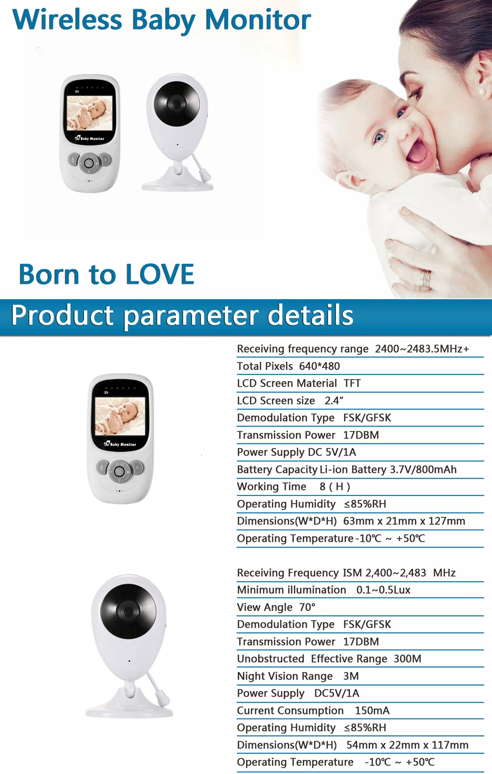 Wireless Baby Audio Monitor 2.4 INCH TFT LCD Display Two Way Talk Night Vision Security Camera Monitoring for Baby Security 5