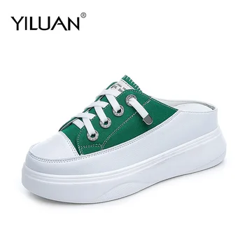 

Yiluan Canvas Slippers Women Shoes Green 2020 New Summer Platform Increased Lazy Half Slippers Outside Tide Shoes Female Student