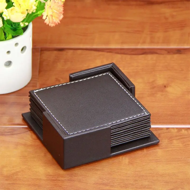 6 pcs/Set Leather Coaster Set Heat-resistance Cup Mat Pads Coffee Mug Drink Coasters