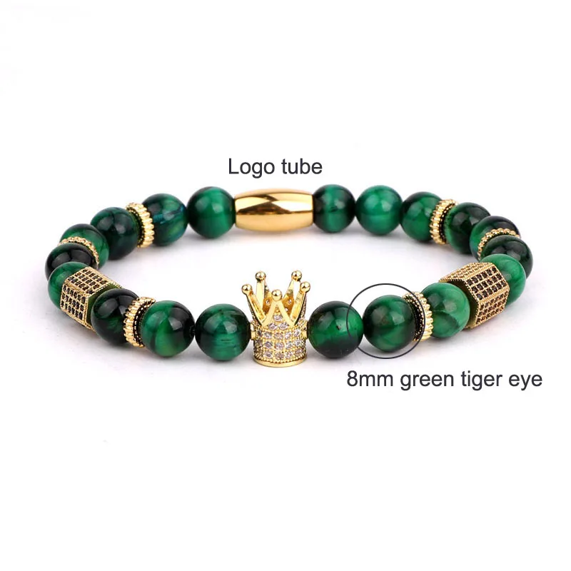 Classic design Cubic Zirconia Crown Charm Natural Stone Beads Elastic Bracelet Men Lady - Image 2