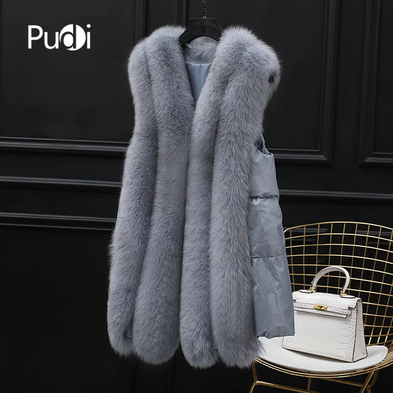 Pudi VT915 женский классический жилет натуральный Лисий мех пальто леди вниз Подкладка Зима теплый подлинный натуральных мех роскошное длинное пальто - Цвет: blue