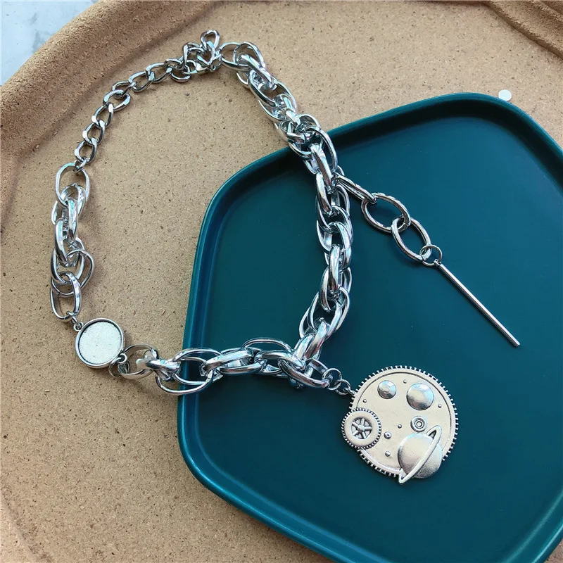 Дизайн серебряная металлическая цепь из шариков колье ожерелье для женщин преувеличенная Заколка Для панка квадратная подвеска массивное ожерелье ювелирные изделия