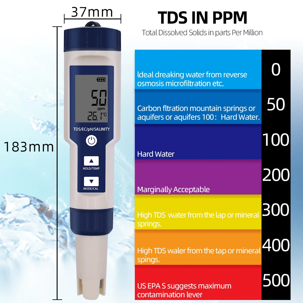 5 in 1 PH Meter Water Quality Tester Digital TDS EC PH Salinity Temperature Meter for Pools Aquariums Water With Backlight 6