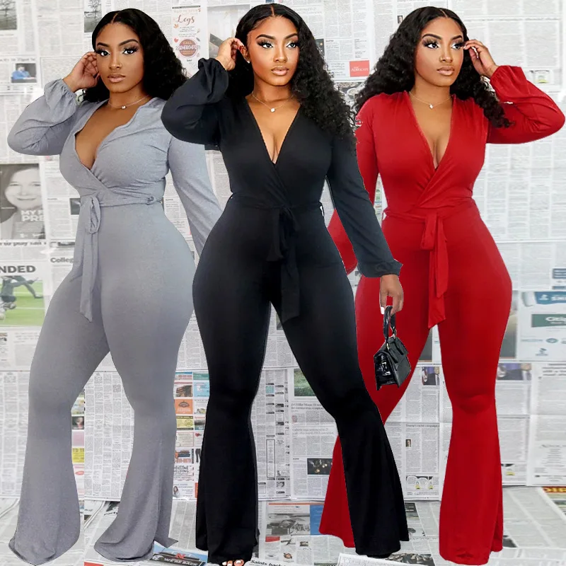 

Autumn And Winter Women's Jumpsuit Irregular Straps High Waist V-neck Flared Pants Sexy Street Temperament Jumpsuit Bottoming