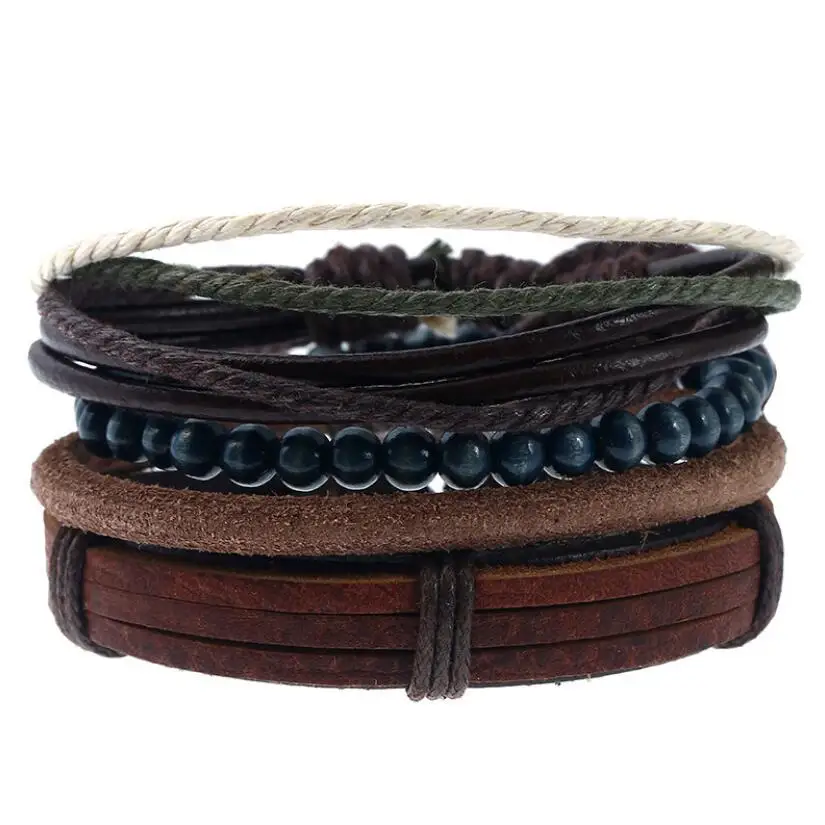 Genuine Leather Bracelet For Men Rope Bangle Blue Beads Charm Wrap Bracelets 4pcs/lot 2019 Homme Friendship Jewelry | Украшения и