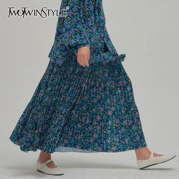 

TWOTWINSTYLE Casual Print Women Skirt High Waist Pleated Side Split Hit Color Skirts For Female Fashion Clothing 2020 Spring New