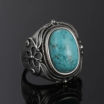 

Natural Turquoise Ring Lady 925 Silver Jewelry Retro Party Ring 11X17MM Large Ellipse Gem Gift Wholesale