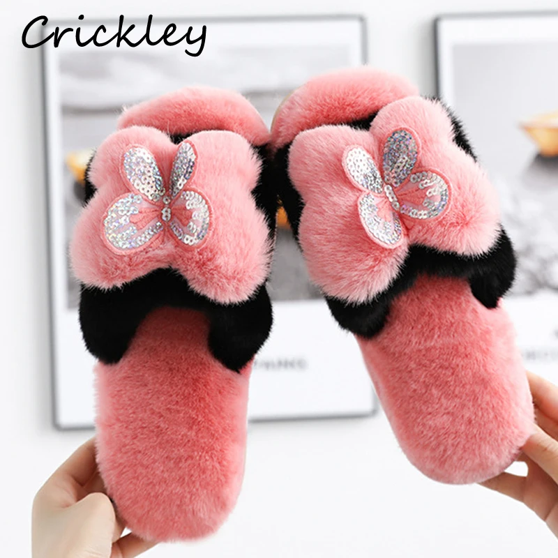

Girls Winter Slippers Cartoon Butterfly Shape Fur Home Slippers for Girls Indoor Non Slip Comfortable Children Winter Shoes