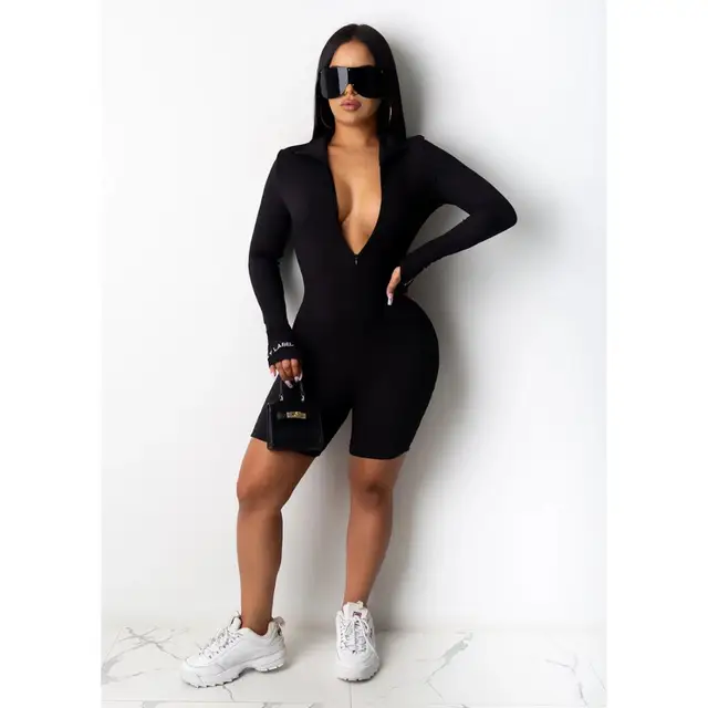  - Jumpsuit Women long sleeve solid color zipper up skinny playsuit club party sport knee length bodysuit one piece overall romper