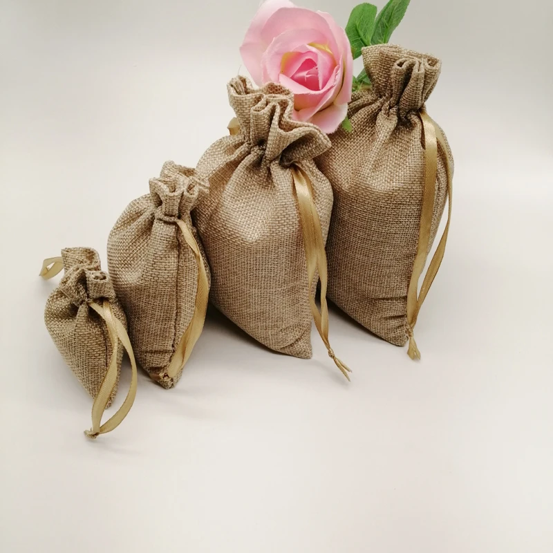 20pcs Linen Gift Bag Ribbon Jute Bag Sack Drawstring Jewelry Bags Pouch For Jewelry Packaging Display Wedding Christmas Gift Bag