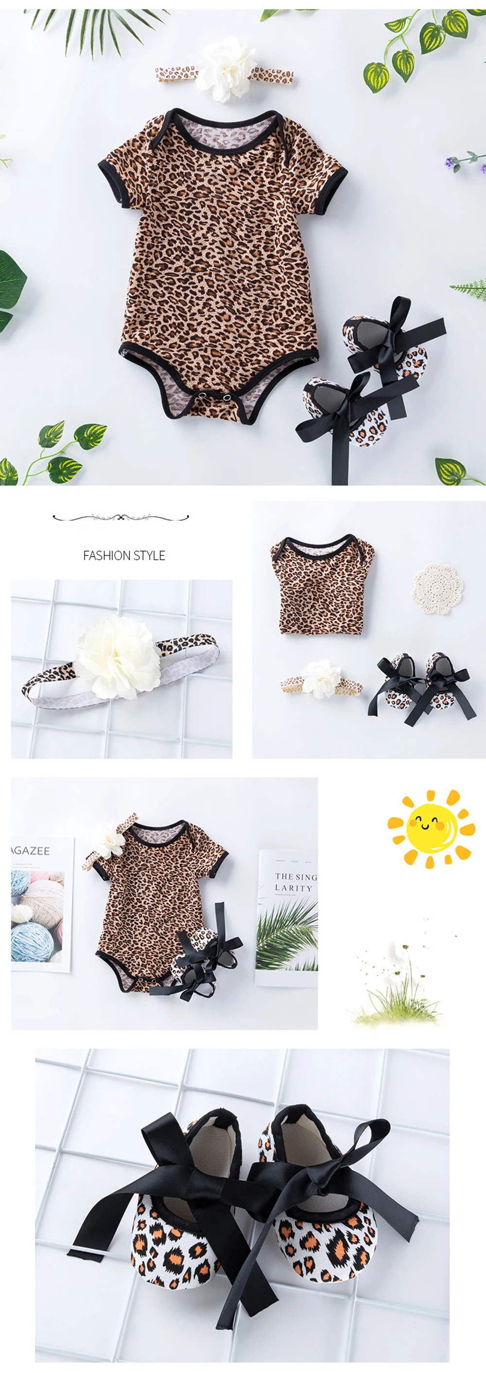 0-24M Newborn Baby Girl Flare Sleeve Solid Stripe Leopard Grain Casual Romper Jumpsuit Outfits Baby Clothes Summer kids Suit