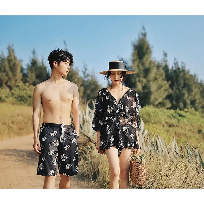 

2019 Summer Couples Bathing Suit Women's Split Type Conservative Bikini Three-piece Set-Casual Men's Printed Beach Shorts