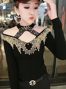 

OUSHANG Gold Bead Work T-shirts Women Sexy Bead Work Black T-shirts Lady Bead Work Sexy Pullovers Bead 2020 Long Sleeve Top