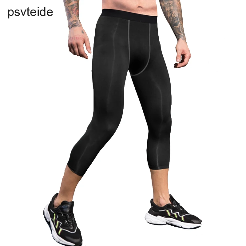 Mens Compression 3/4 Pants Cropped Base Layer Running Tights Workout Clothes 