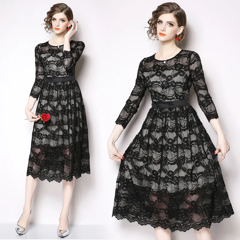 

Hot Selling Ozhouzhan 2019 Spring And Autumn New Style Hollow out Lace Three-quarter-length Sleeve Dress Crew Neck Slim Fit Big