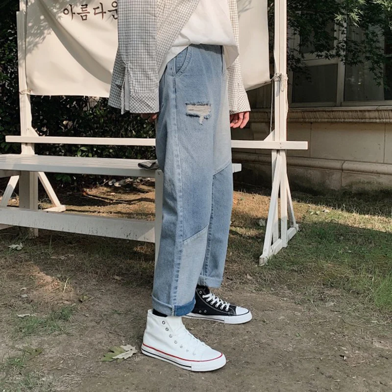Autumn Jeans Men's Fashion Wash Contrast Color Stitching Casual Denim Pants Man Streetwear Wild Hip Hop Loose Straight Trousers