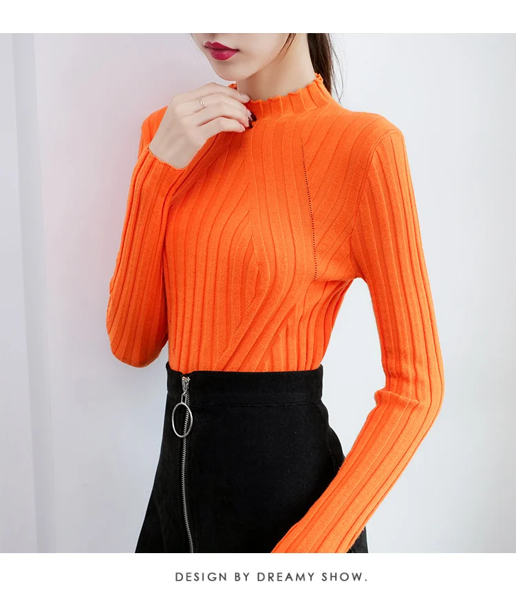 Pull Femme, новинка, пуловер с длинным рукавом, однотонный джемпер, вязаный свитер, Женский Повседневный тонкий свитер с высоким воротом, женская зимняя одежда, 6999 50