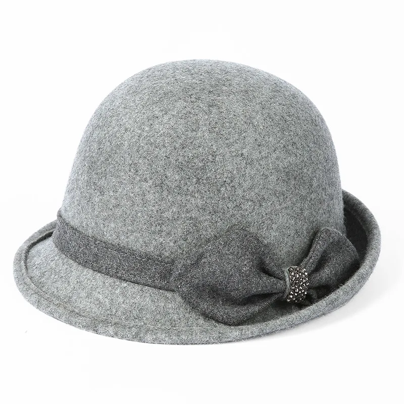 Gray FS элегантный Для женщин шерсть фетровая шляпа с бантом женские, зимние, модные, плотные, фетровая шляпка шерстяная Шапки Ретро Повседневное Кепки Floppy Chapeu Feminino - Цвет: Gray