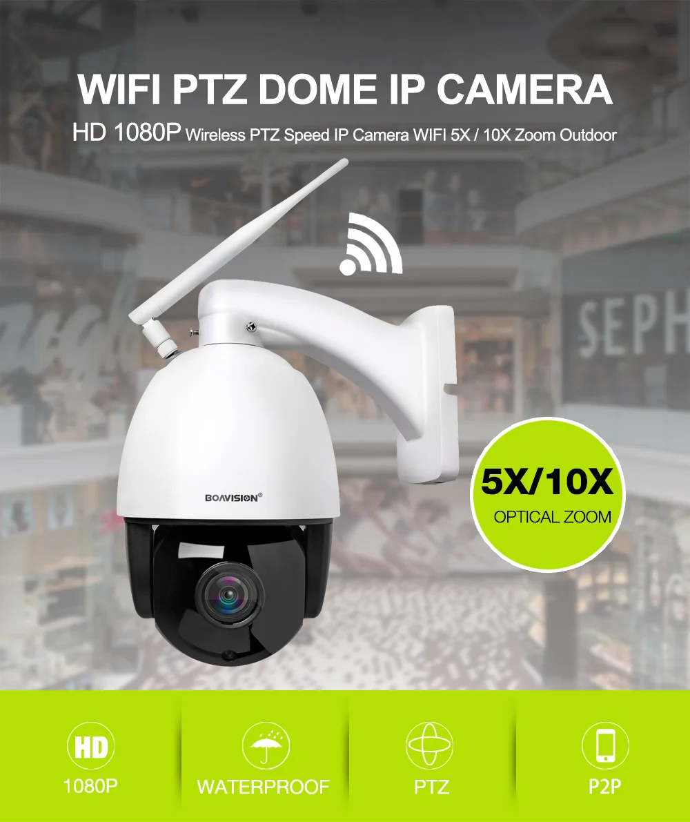 1080P Беспроводная wifi PTZ скоростная купольная IP камера, уличная 5X 10X Zoom IR 60M CCTV камера видеонаблюдения, аудио ONVIF