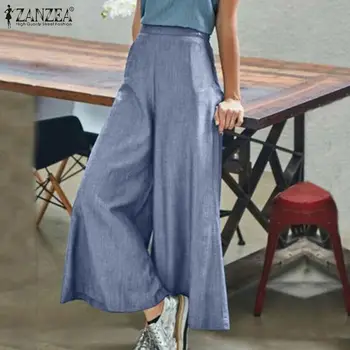 

ZANZEA Women Denim Elastic Waist Wide Leg Pants Plus Size Solid Pockets Long Trousers Female Pantalon Streetwear Palazzo Bottoms