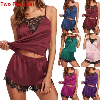

Two Piece Set Pyjamas Women Sexy Satin Pajama Set Pink Lace Pyjamas Sleeveless Sleepwear Suspenders Top and Shorts Pijama Mujer
