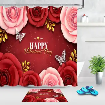 

Happy Valentine's Day Home Decor Bathroom Shower Curtain Mat Rose Flower Red Background Bath Curtain With 12 Hooks