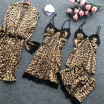 

Woman sexy Leopard Print pajamas spring summer straps nightdress ice silk robe Four-piece suit simulation silk gown Home Wear