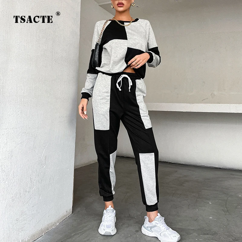 Contrast Color Two-piece Suit Casual Slit Long-sleeved Sweater High-waisted Wide-leg Trousers Pants main image 0