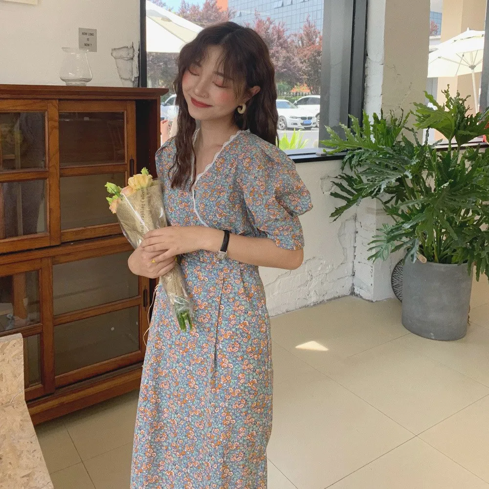 Mode Mooie Zomer Vrouwen Kanten Jurk Chic Bladerdeeg Mouw Patchwork Maxi Jurk V-hals Bloemenprint Casual Dress Mode Mooie Zomer Vrouwen Kanten Jurk Chic Bladerdeeg Mouw Patchwork Maxi Jurk V-hals Bloemenprint Casual Dress
