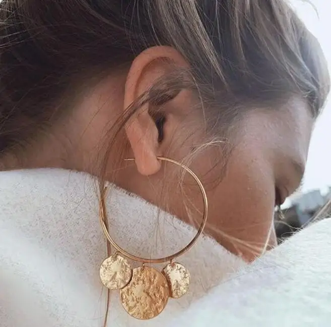 2019 New Fashion Bohemian Gold Silver Color Big Hoop Earrings With Round Sequins Charm Vintage C Shaped Earring | Украшения и