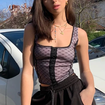 

ArtSu Fashion Polka Dot Mesh Crop Top Sexy Sleeveless Tank Tops Women Bohemian Bralette Cami Black Purple Top Summer ASVE20519