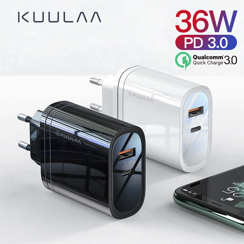 KUULAA USB Charger 36W Quick Charge 4.0 PD 3.0 USB Type C Fast Charger For iPhone Xiaomi Portable Mobile Phone Charger Adapter