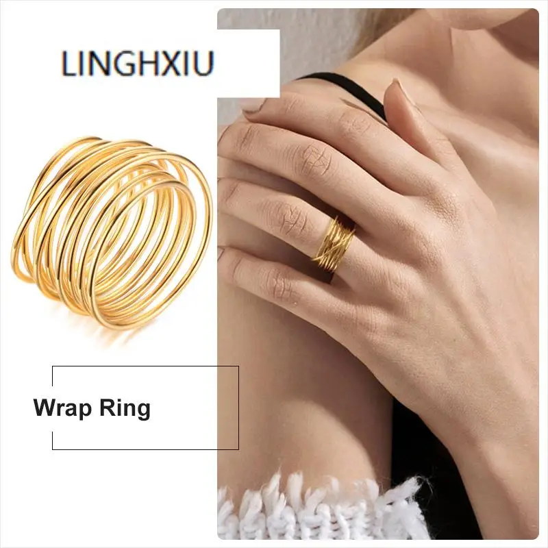 Спиральное пружинное кольцо Infinity Wrap золотистое открытое широкое с обмоткой