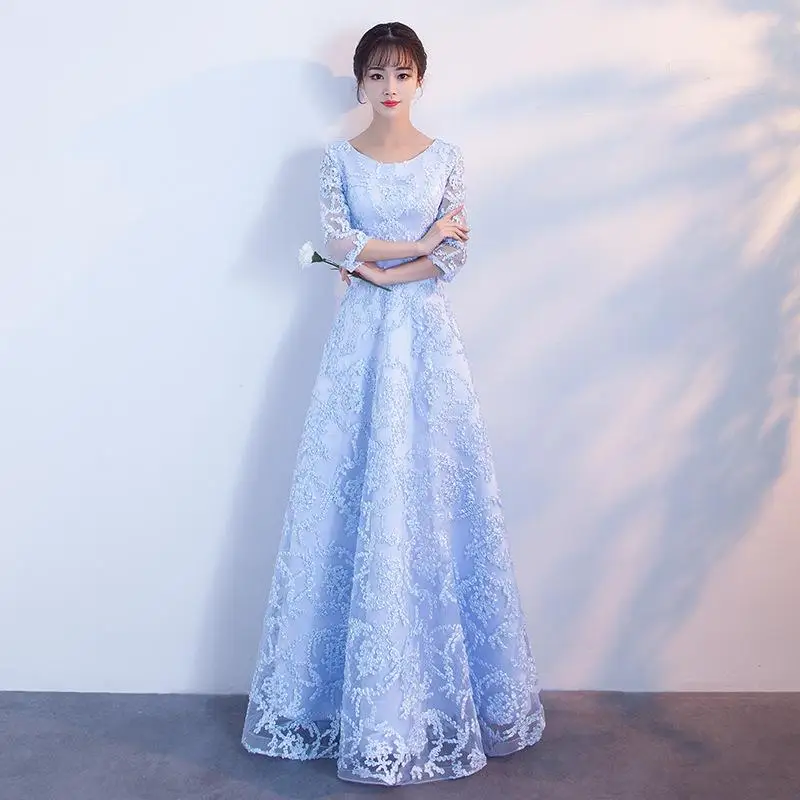 Светло-голубые женские длинные вечерние платья Новые Cheongsam элегантные Qipao Китайский стиль o-образным вырезом Половина рукава сетчатая одежда Vestido XS-XXL - Цвет: Style 1