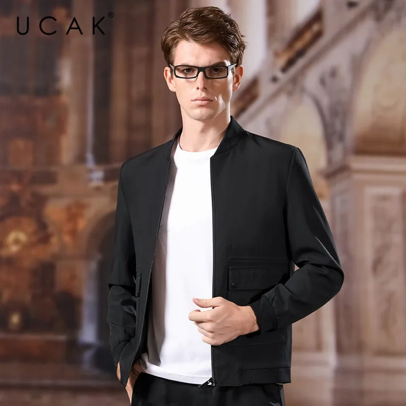

UCAK Brand Polyester Jacket Men 2020 Spring New Arrival Casual Solid V-Neck Pockets Chamarra Para Hombre Outwear Jackets U8030