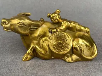 

6" China antique Pure copper Shepherd boy Bull riding statue