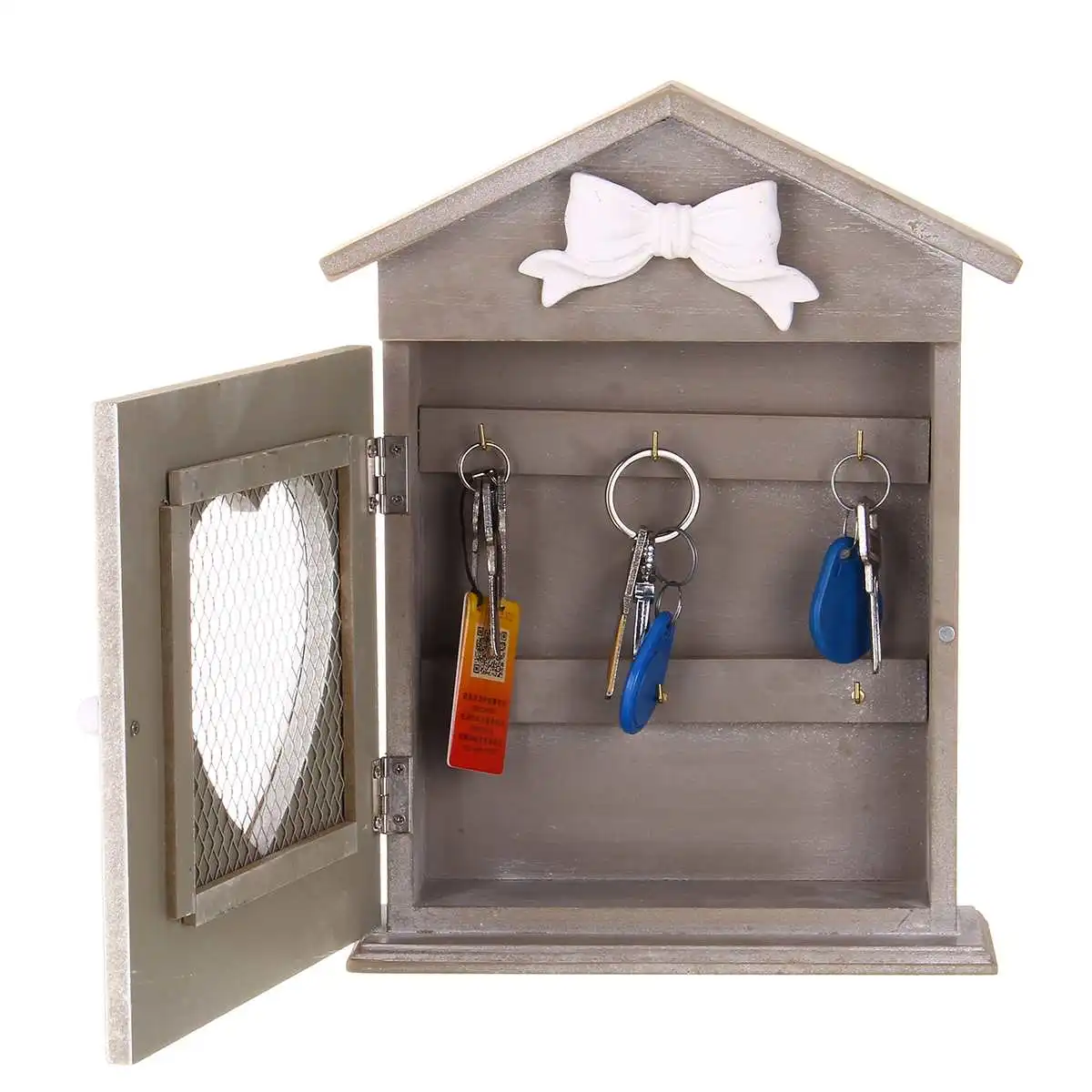 

Vintage European Style Wooden Key Storage Cabinet Key Holder Box with 6 Hanging Hooks Heart-shaped Mesh External Design
