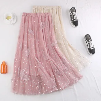 

winter new Korean version with high waist and thin medium length feather embroidery mesh A-line skirt women's skirt 819