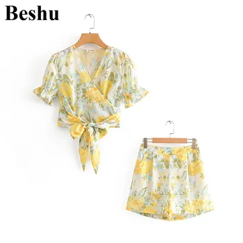 

za 2020 fashion two-piece women print cross V-neck bow bandage short sleeve blouse draped high waist short pants lady clothes