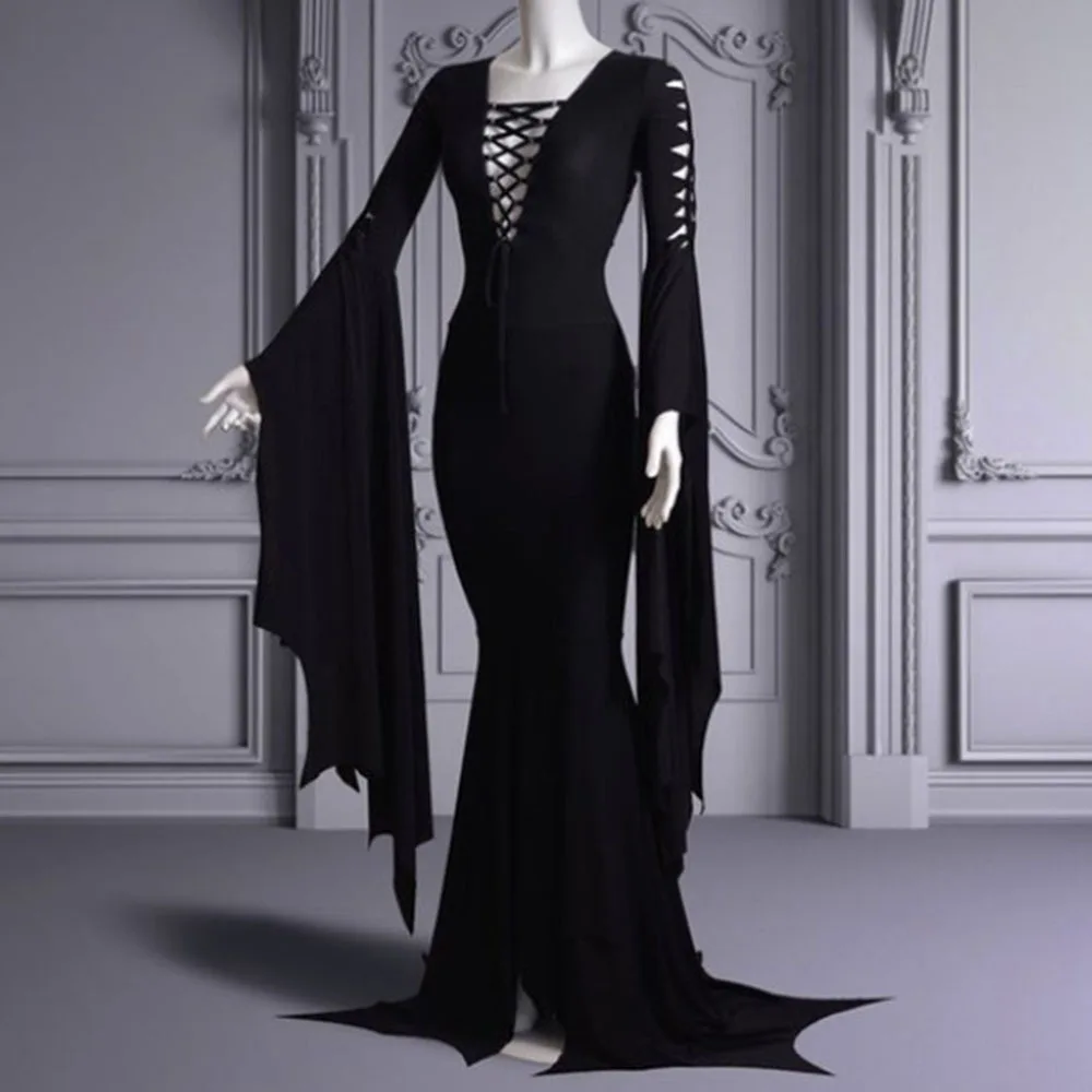 Plus Size Wtich Ghost Costume Gothic Floor Train Dress Vampire Vintage Morticia Adindumenti Fasciatura Abito Cosplay Robe