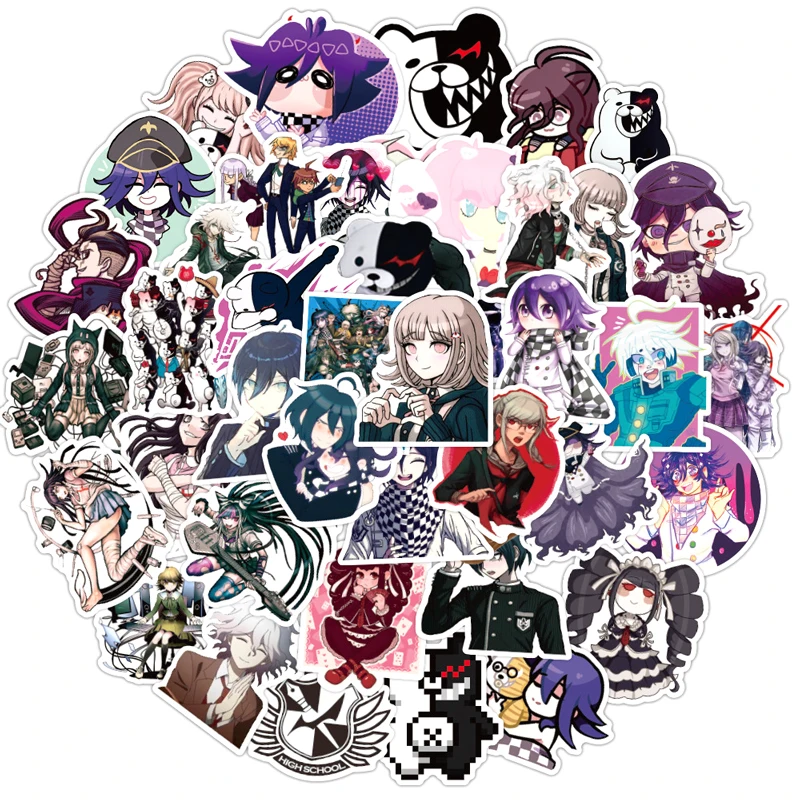 10/30/50 unids/pack Danganronpa gatillo feliz estragos japonés pegatinas de anime para nevera coche casco DIY caja de regalo de guitarra