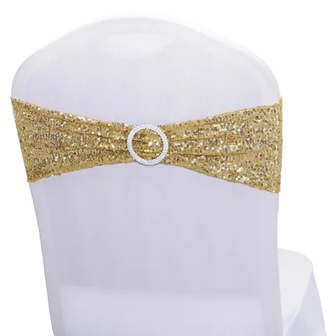 Quality Shiny Sequin Rose Gold Stretch Bands With Round Buckle For Wedding Events Party Decoration Spandex Chair Sashes