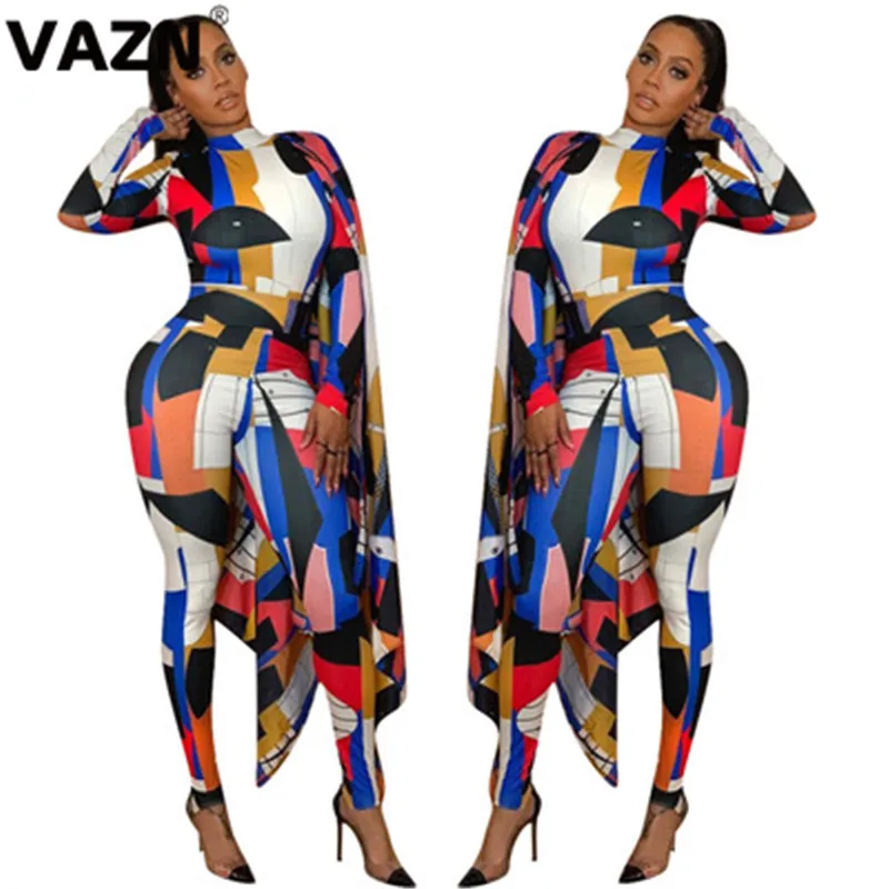 VAZN YD8138 top design autumn sexy lady colorful long jumpsuit full sleeve cloak zipper fly long pant jumpsuit new jumpsuit