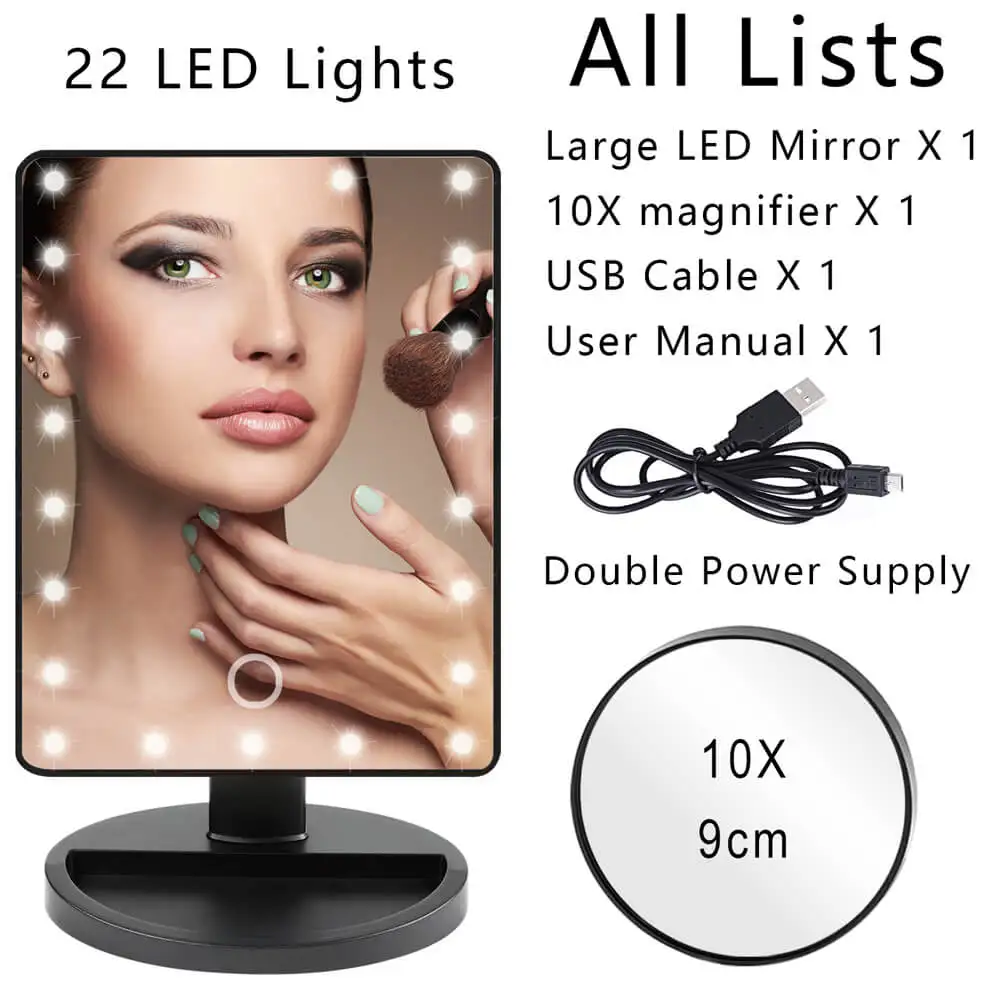 Large Mirror Black Pro 10X светодиодный светильник для макияжа, увеличительное зеркало, лампа для макияжа, лупа, USB, профессиональная косметическая портативная мини-стеклянная Косметическая присоска - Цвет: Large Mirror Black