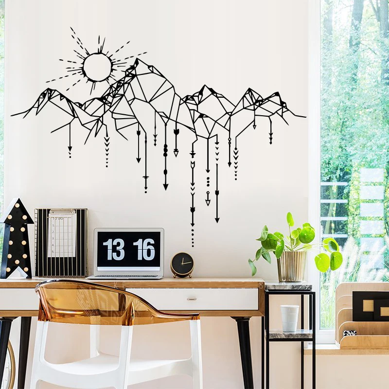 

Creative Geometric Mountain Wall Sticker Decor For Living Room Bedroom Decoration Sun Wall Decal Stickers Murals Wallpaper LW356