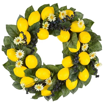 

19.68Inch Spring Fruit Wreath with Artificial Lemons,Blueberry,and Daisy Flower,Decorative Wreath for Door or Wall Dec