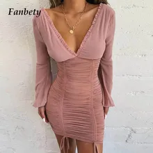 Fanbety женское тонкое эластичное облегающее Бандажное платье осеннее шифоновое платье с длинным рукавом сексуальное короткое Плиссированное вечернее платье с v-образным вырезом