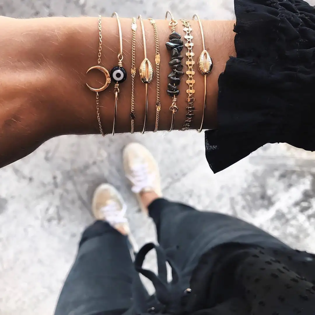 Alloy Shells Moon Charm Bracelets for Women Black Stones Beads Bracelet Female 2019 Fashion Jewelry Hand Chains Set New Arrival | Украшения