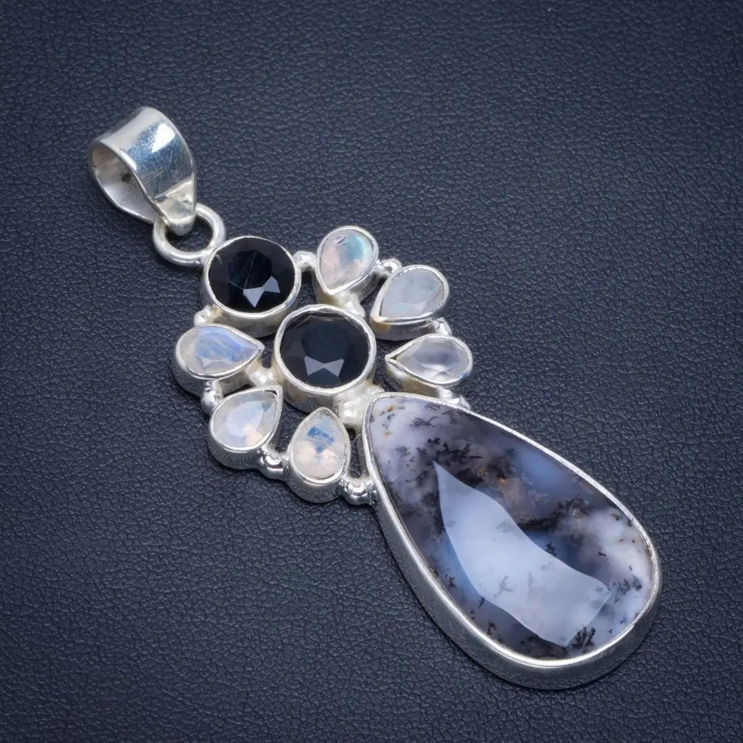 

Natural Dendritic Opal,Black Onyx&Rainbow Moonstone Handmade 925 Sterling Silver Pendant 2.5" B3145